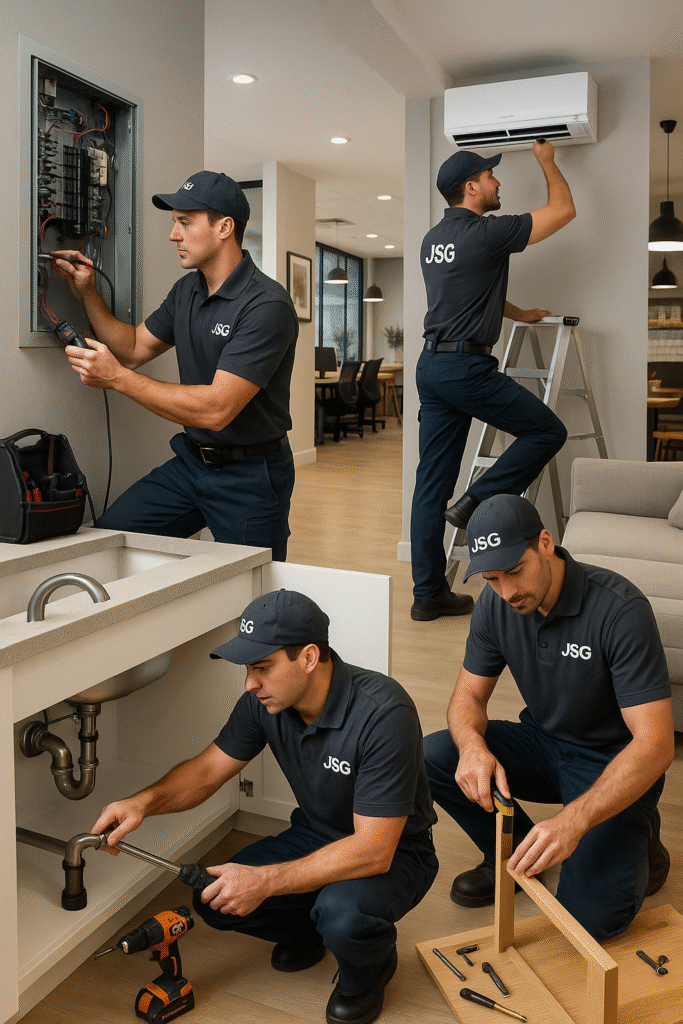 JSG team assembling modern office furniture during corporate fit-out project